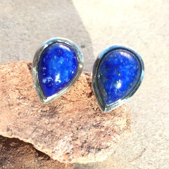 Genuine Lapis Lazuli .925 Stud Earrings Teardrop Pear-Shaped Sterling Silver - Picture 11 of 16